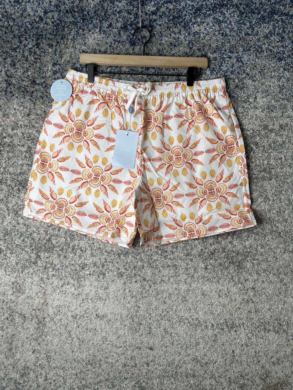 Hill House Shorts Mens Large White Floral Drawstring Swim Trunks Beach Cotton